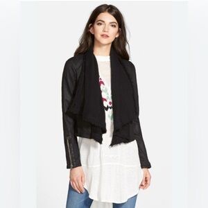 Free People Shawl Drape Front Denim Moto Jacket Black 12 Boho Grunge StreetStyle